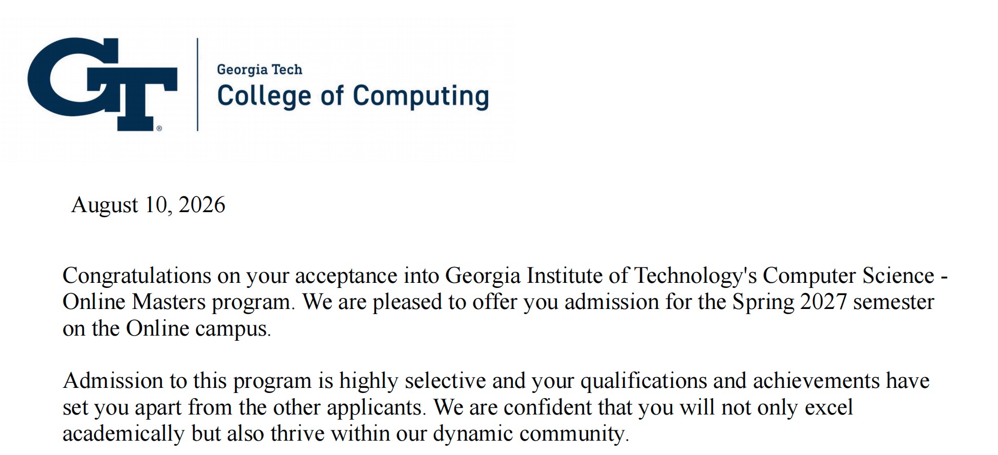 Georgia Tech College of Computing 2026 年 8 月 10 日录取通知的公开裁切版本，身份信息区域已完整移除